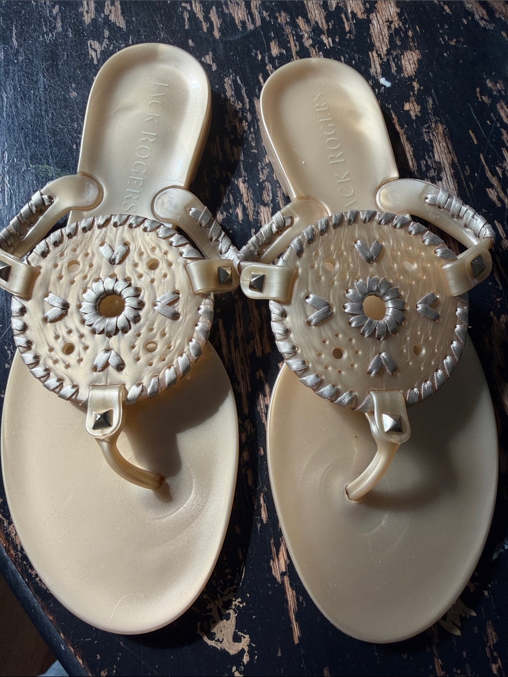 Jack Rogers Cream Jelly Sandals with Braided Medallions